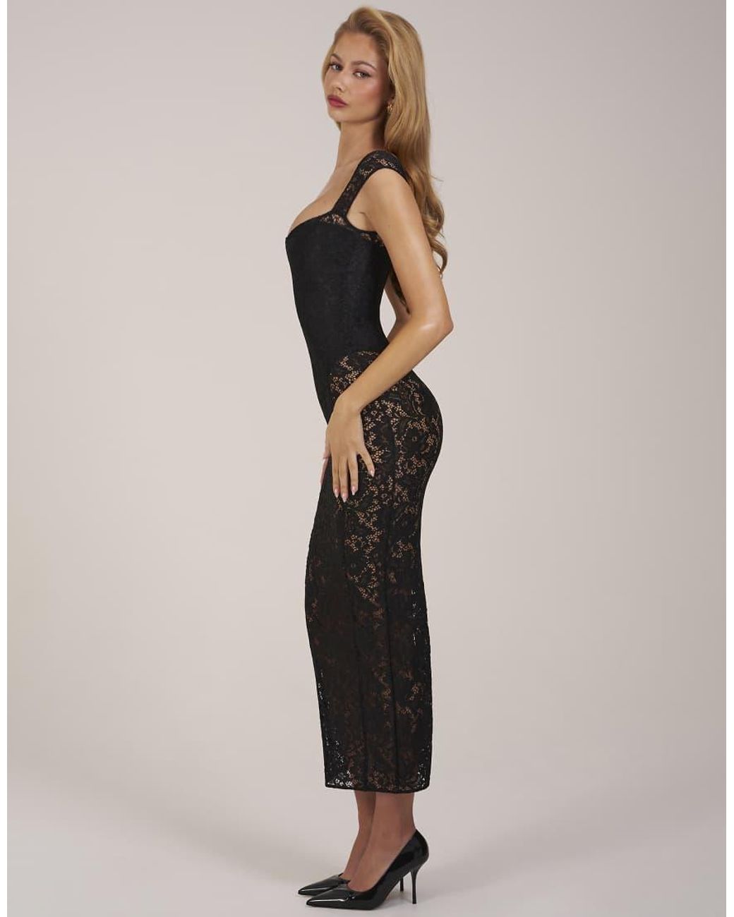 Oh Polly Natural Lace Sweetheart Neck Cap Sleeve Mesh Maxi Dress
