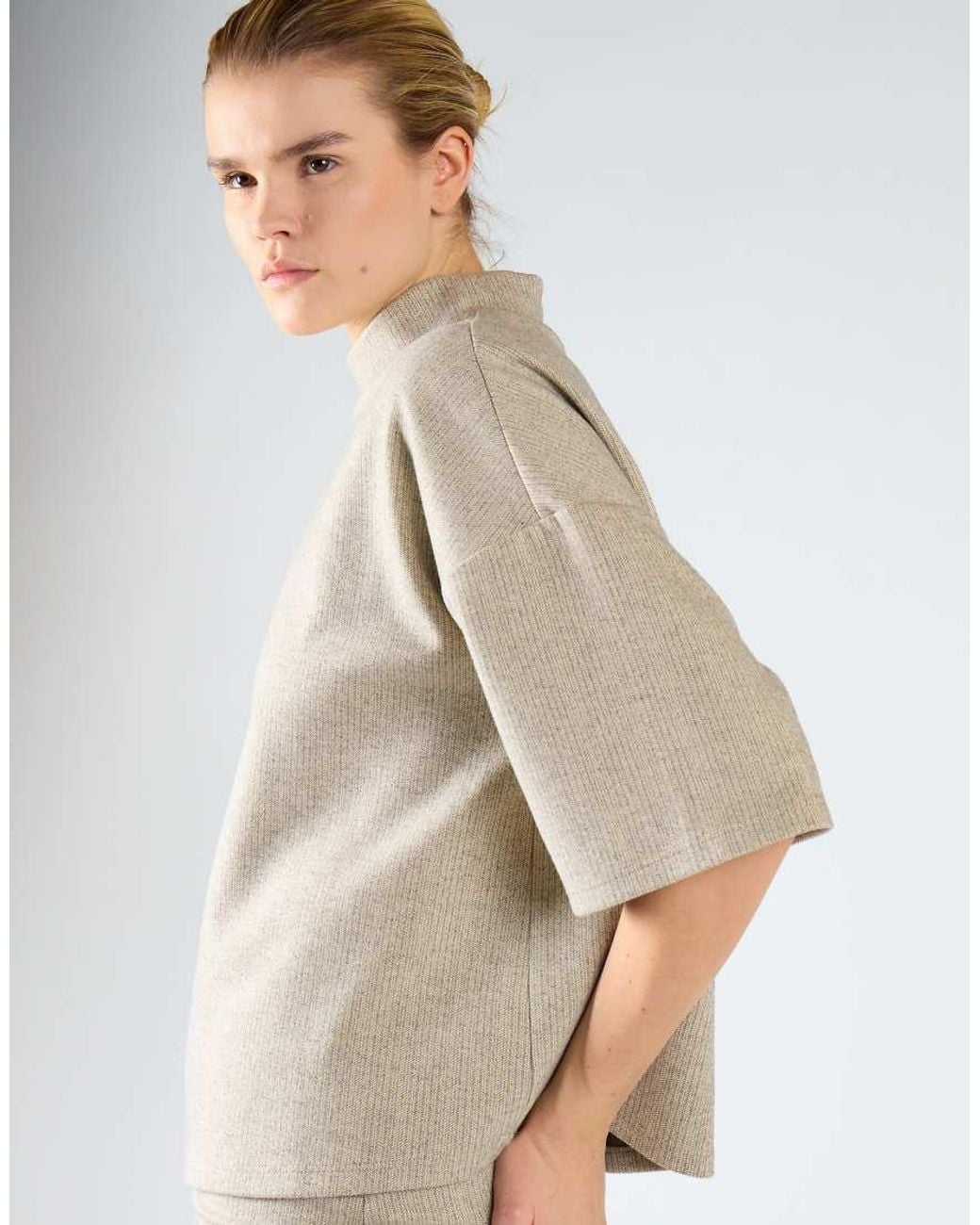 Glamorous Natural Oversized Mock-Neck Short-Sleeves Top