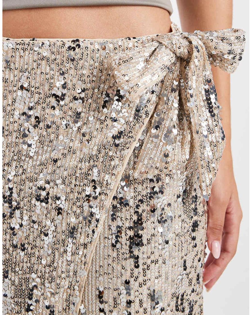 ASOS Natural Mixed Sequins Wrap Midi Skirt