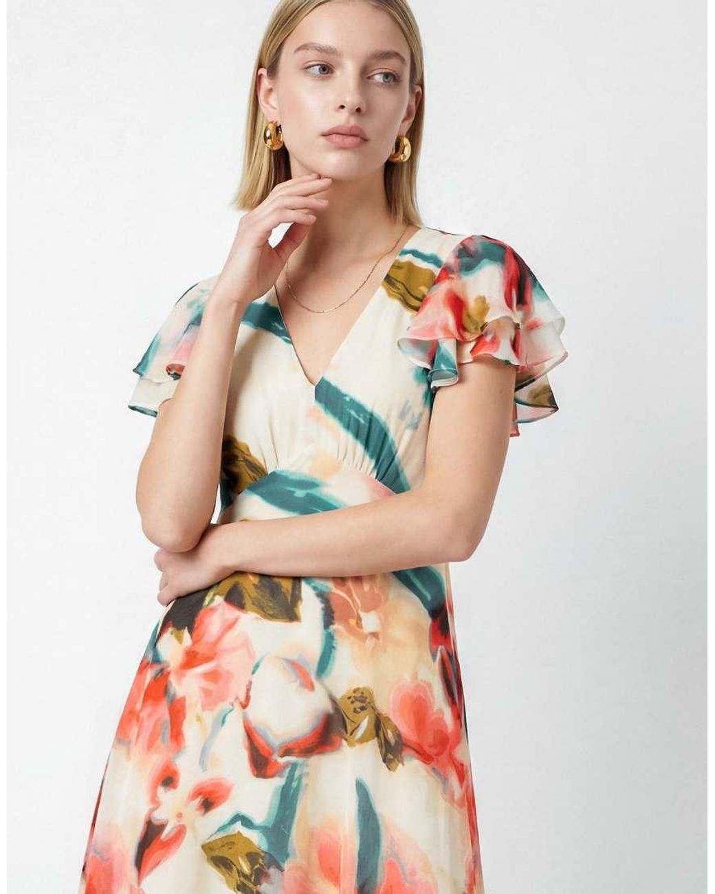 Lovedrobe White Abstract Floral Print V Neck Flutter Sleeve Midaxi Dress