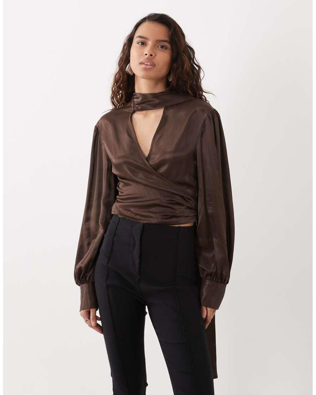 ASOS Brown Satin Wrap Scarf Blouse