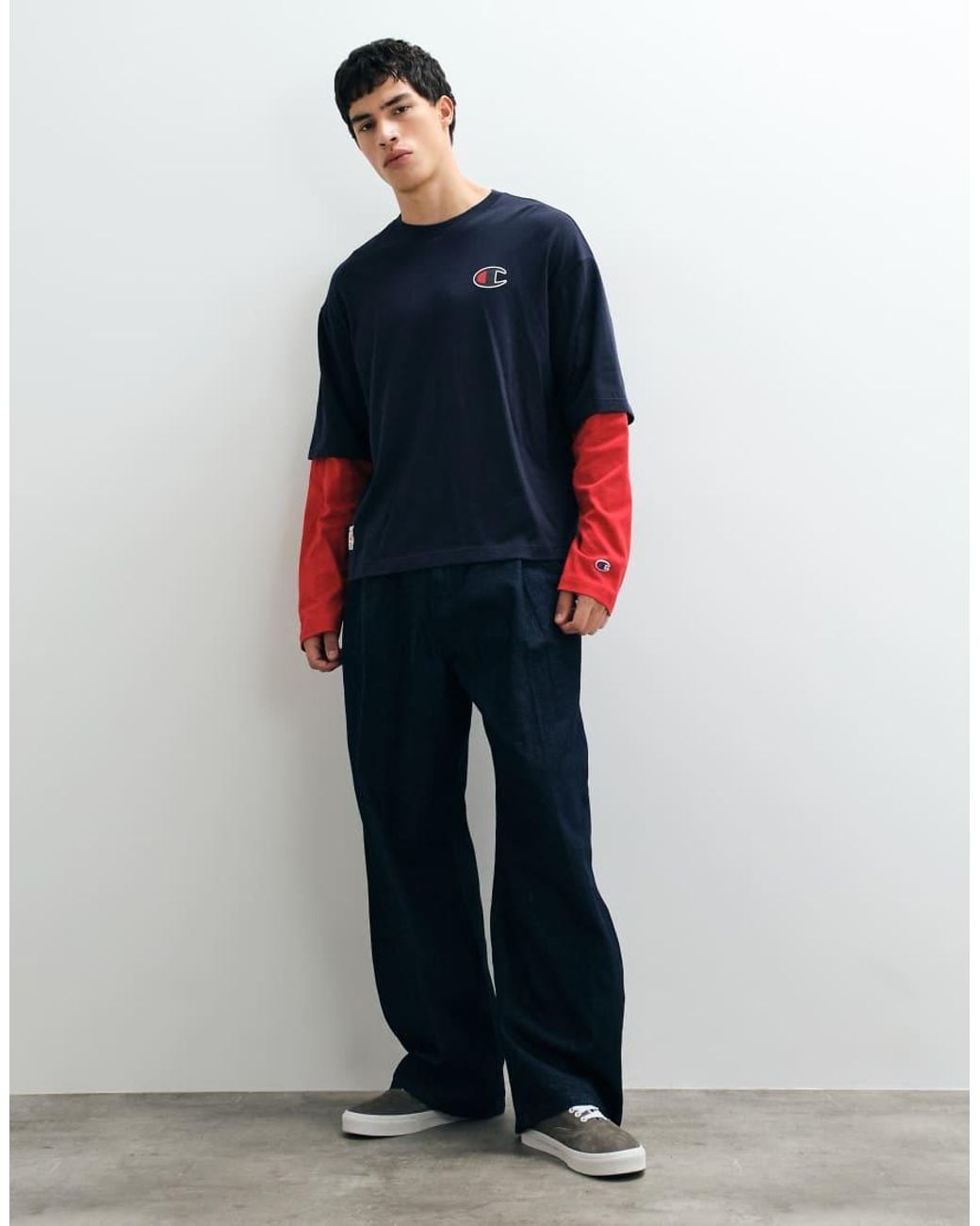 Champion Blue Long Sleeve Double Layer Crewneck T-Shirt for men