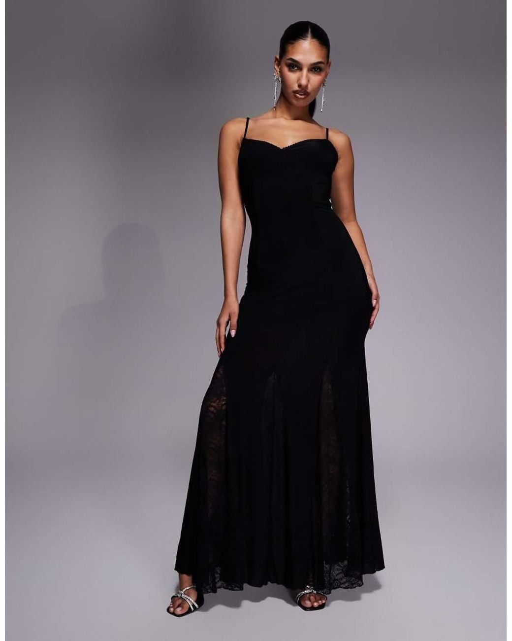 Fashionkilla Black Exclusive Slinky Lace Goget Detail Low Back Cami Maxi Dress