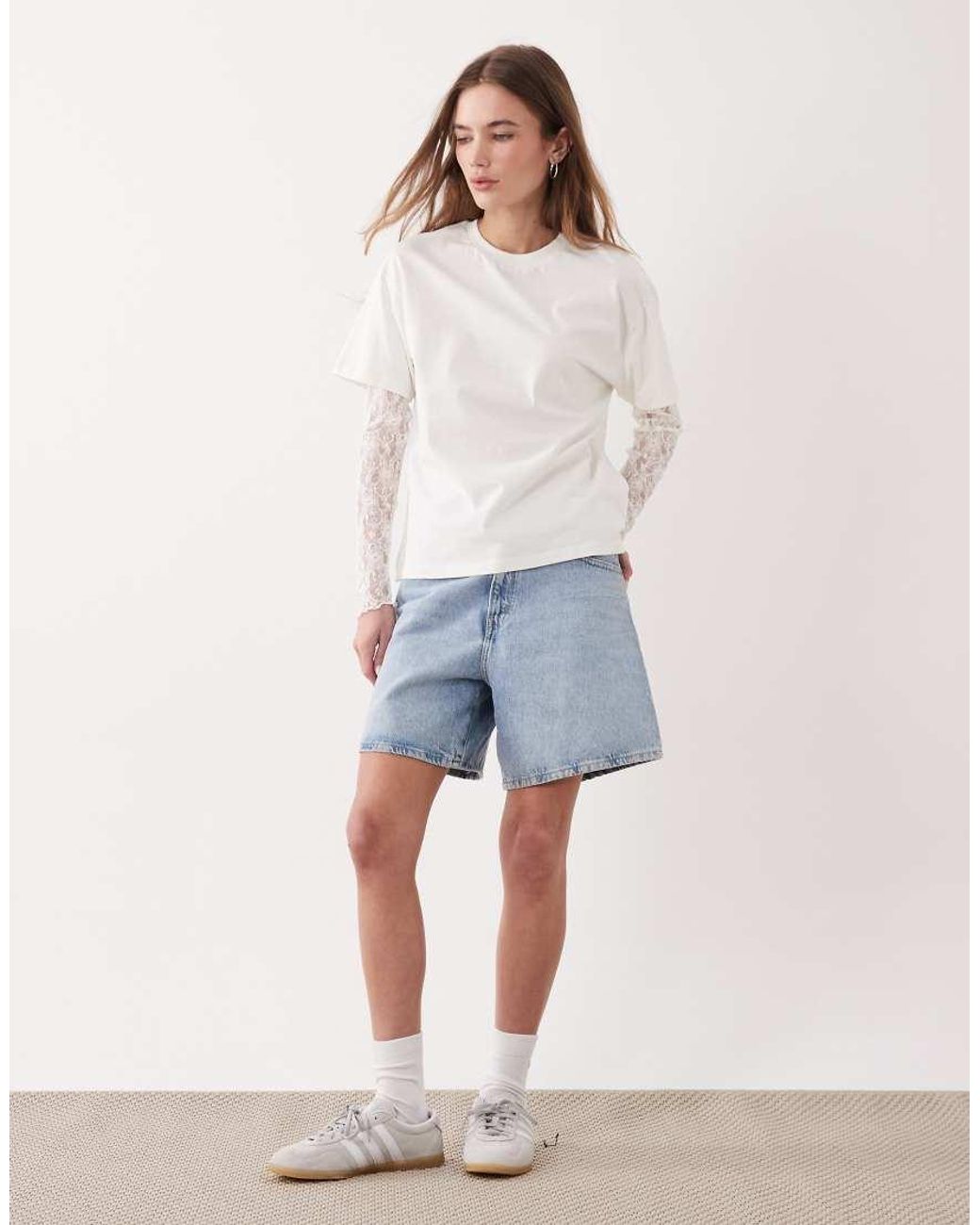 Miss Selfridge White Oversized Tshirt With Lace Sleeve