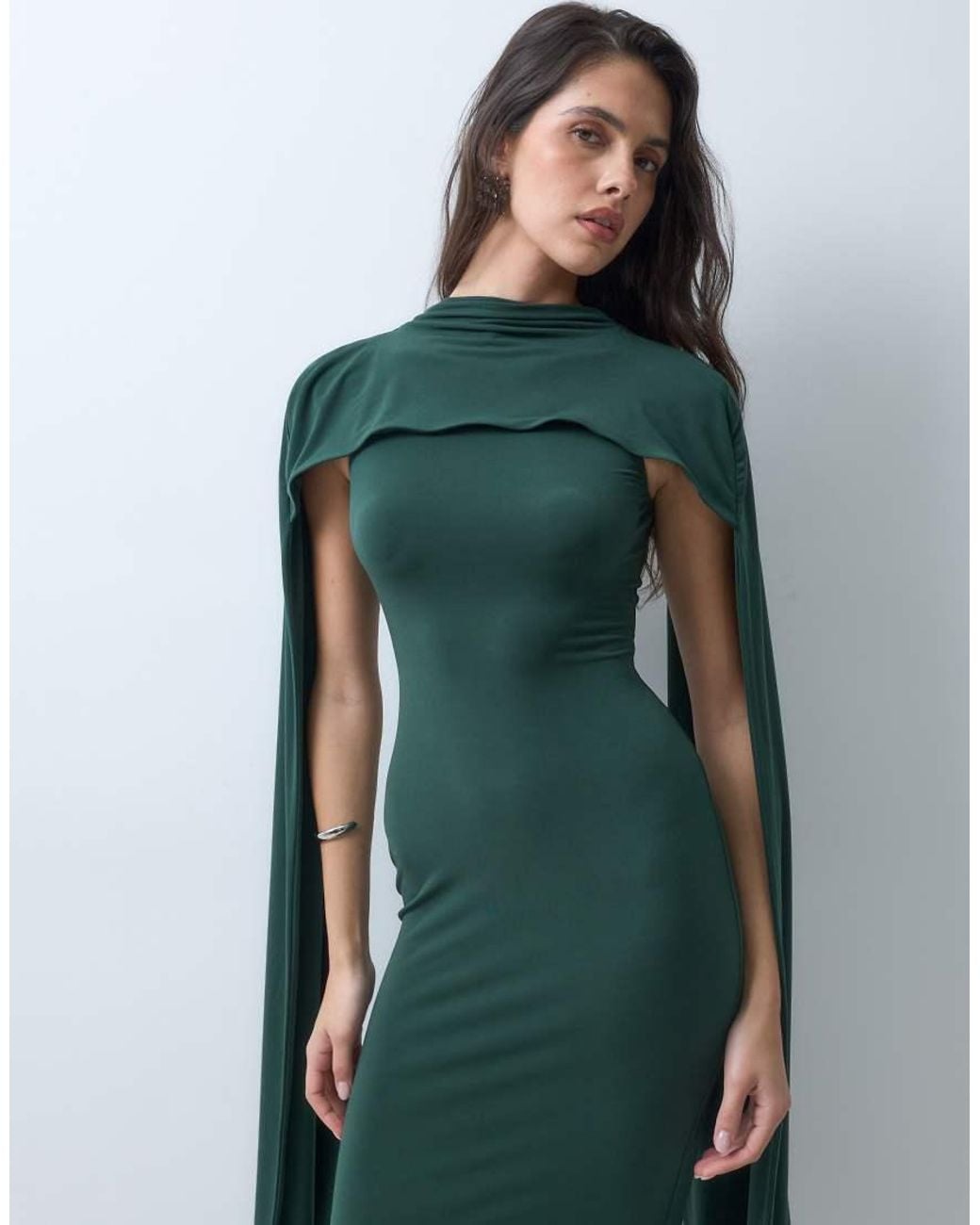 ASOS Green Slinky Sleeveless Maxi Dress With Extreme Cape Shoulder Detail