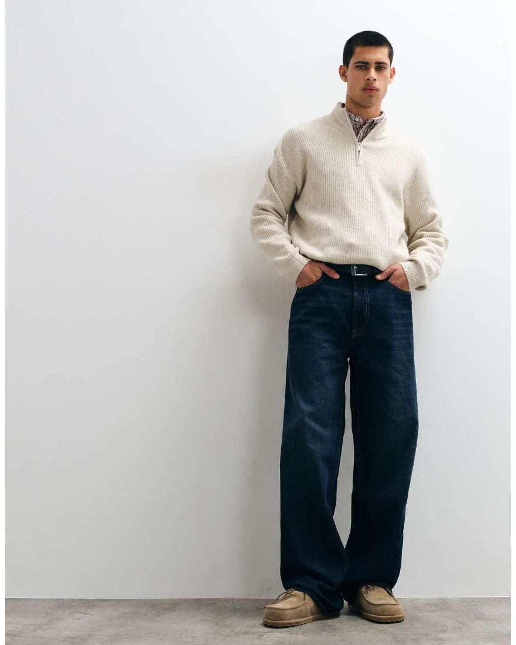 New Look Natural Fisherman Knit 1/4 Zip Jumper for men