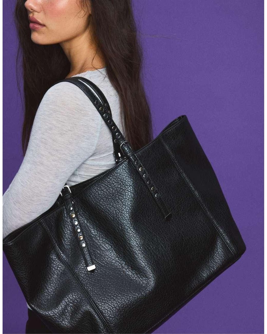 Stradivarius Black Studded Shopper Bag With Handles