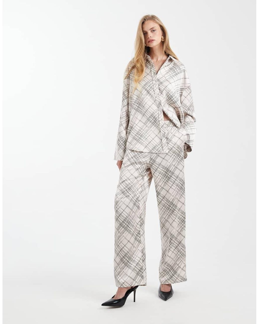 4th & Reckless White Satin Elasticated Waist Wide Leg Trousers Co-Ord