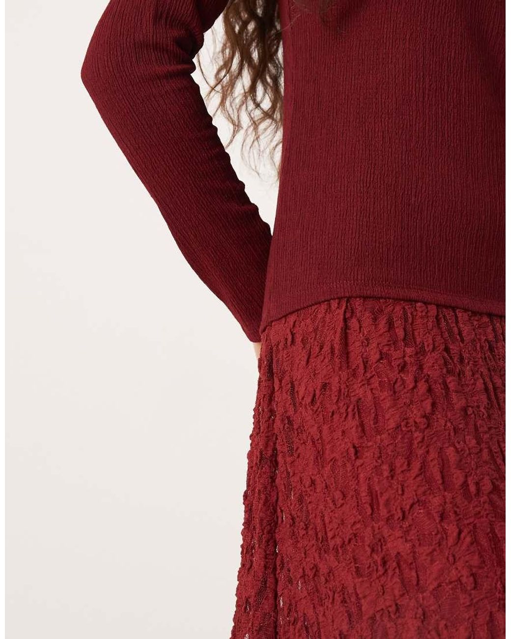 ASOS Red Long Sleeve Dropped Waist Lace Skirt Midi Dress