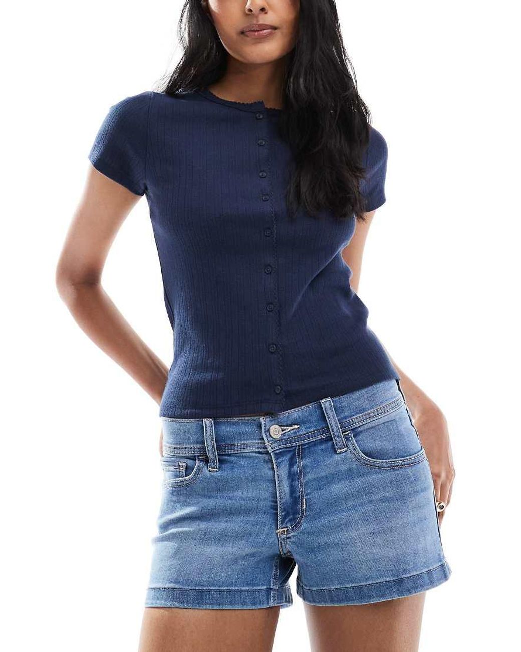 Hollister Blue Low Rise Slit Hem Mini Denim Shorts
