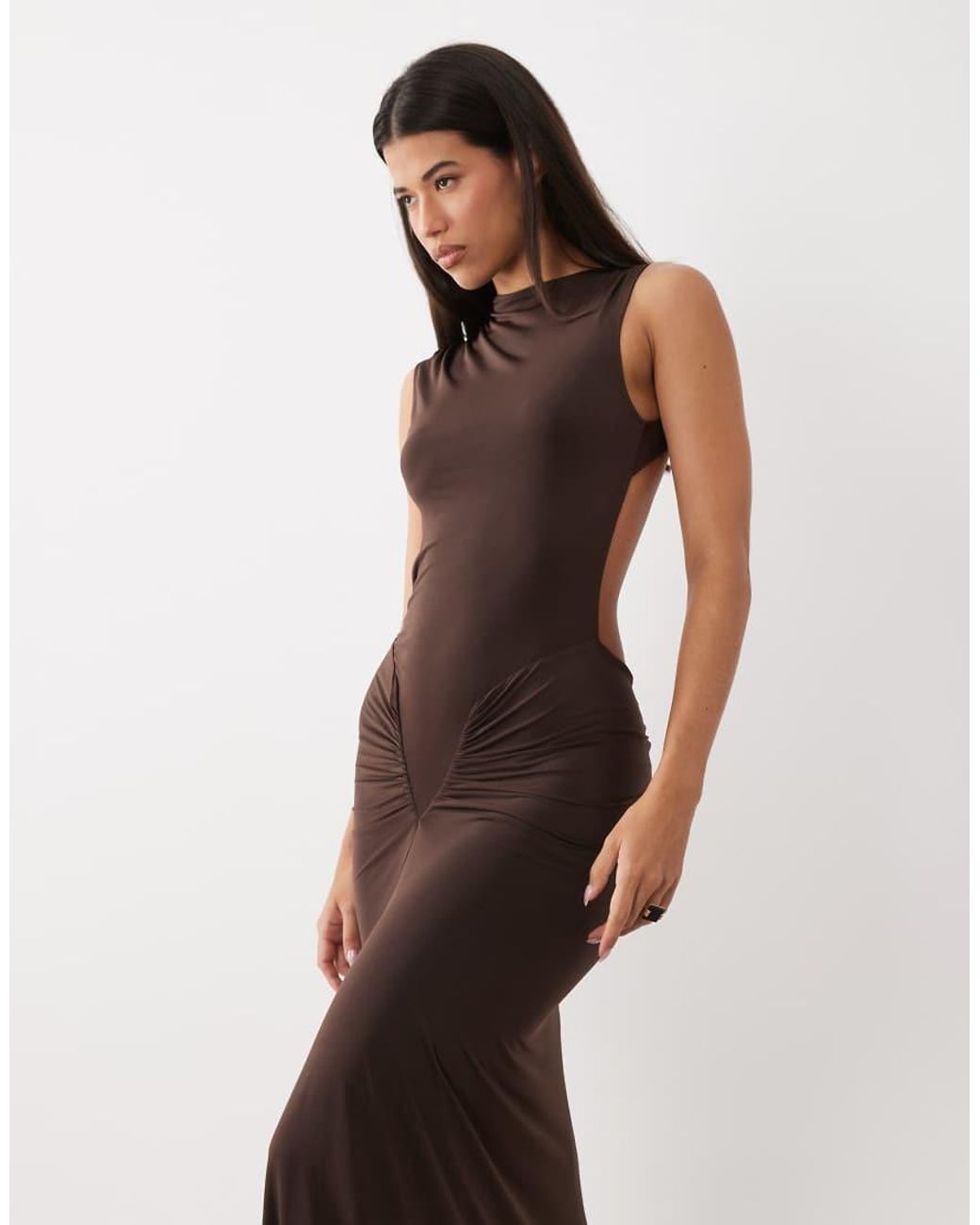 I.AM.GIA Brown Eliana Asymmetric Cap Sleeve Cinch Drape Detail Maxi Dress