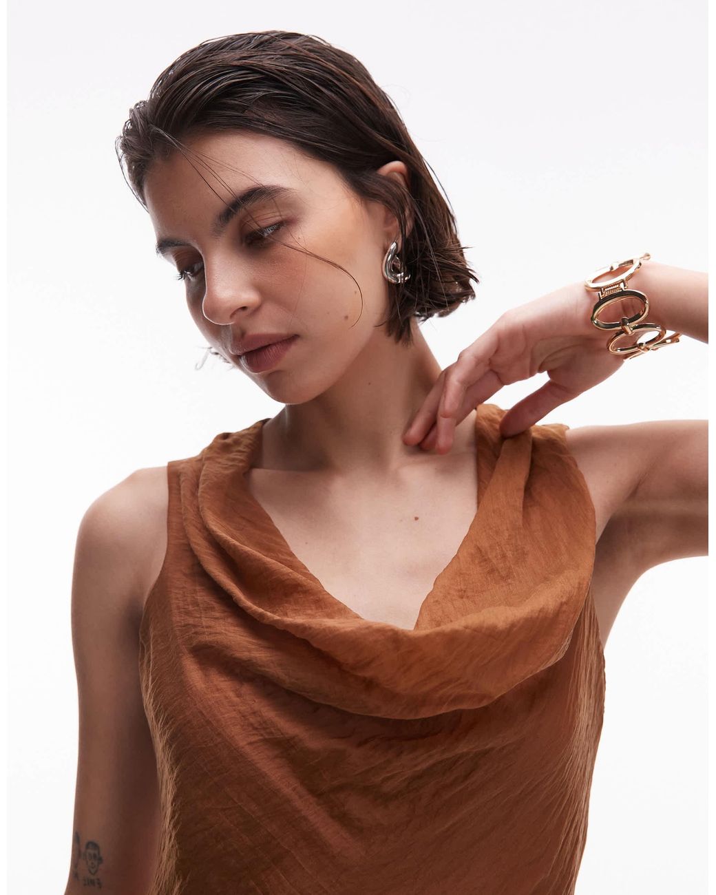 Mango Cowl Neck Satin Midi Dress in Brown | Lyst