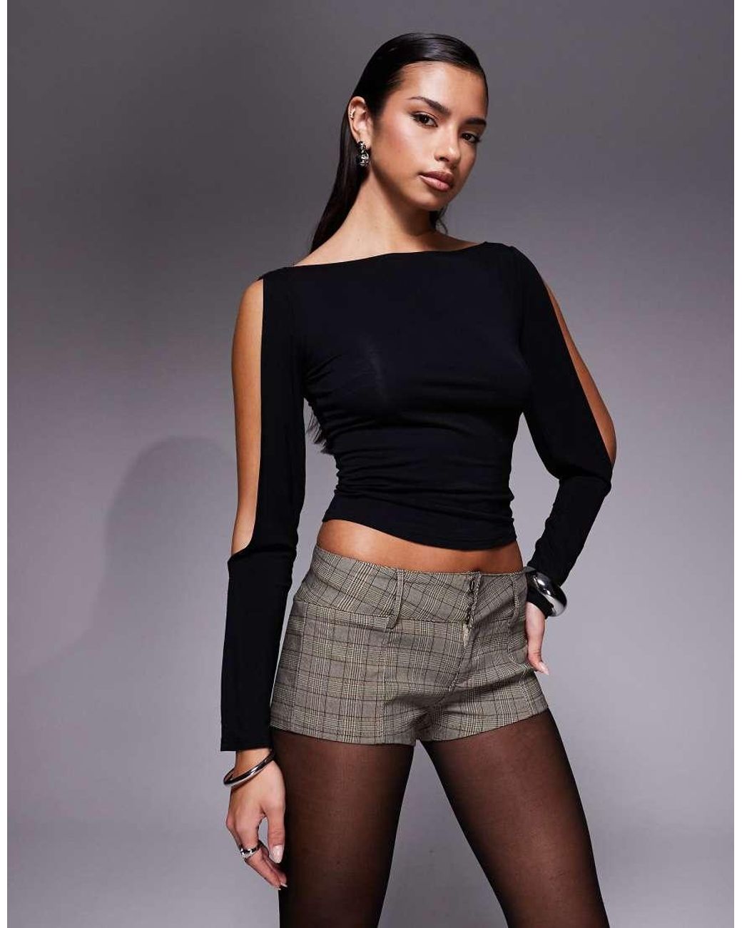 Edikted Gray Ayvey Plaid Tailored Micro Shorts