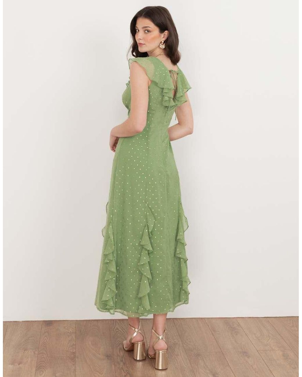 ANAYA Green V Neck Ruffle Midaxi Dress