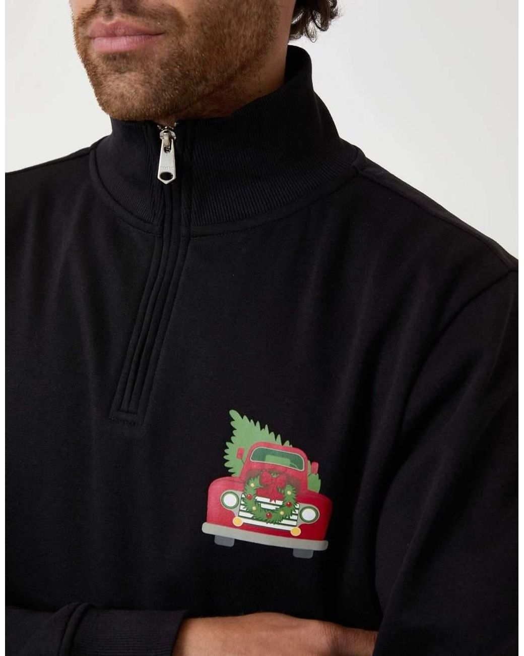 Threadbare Blue Christmas Graphic Print Quarter Zip Sweatshirt for men