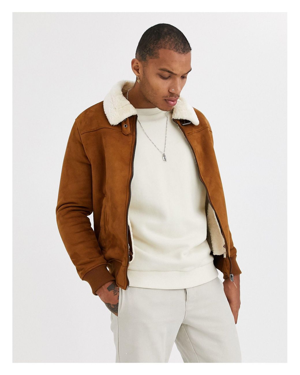 Bershka Lined Faux Suede Jacket With Contrast Collar In Tan in Brown for  Men | Lyst