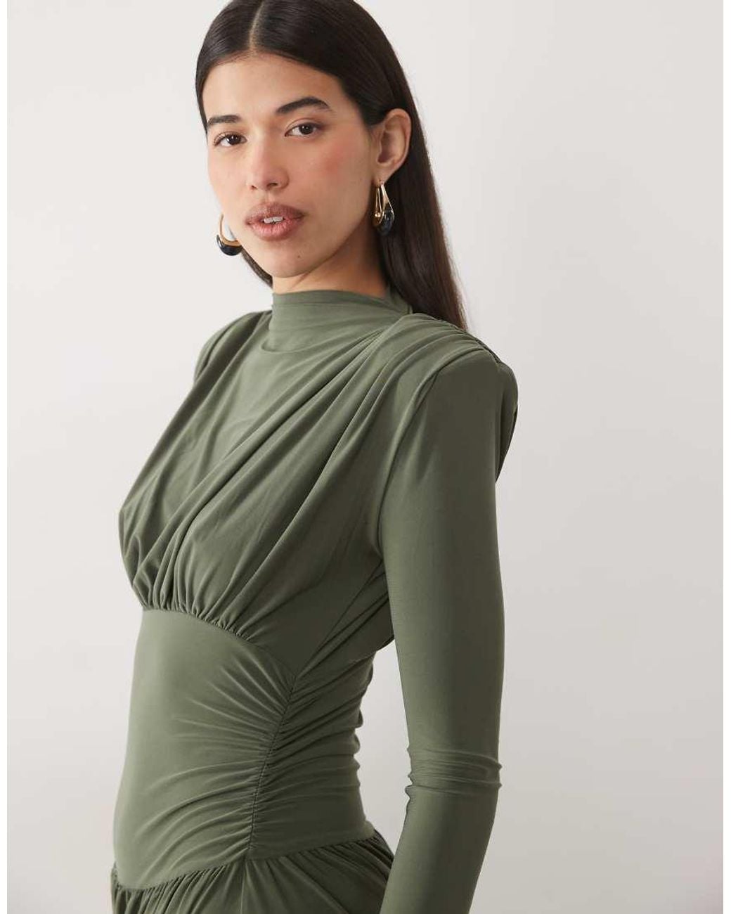 ASOS Green Shoulder Pad High Neck Draped Midaxi Dress