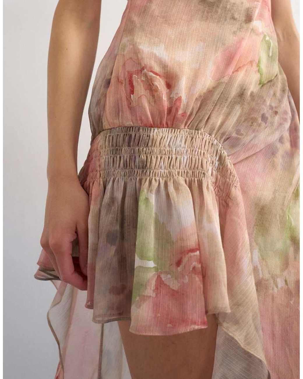 TOPSHOP Pink Premium Chiffon High Low Maxi Dress With Smocking Detail
