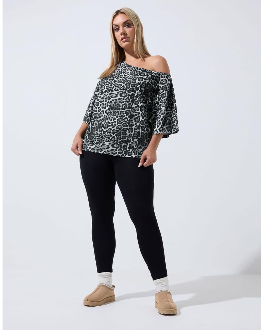 Yours Clothing Gray Leopard Off Shoulder Tee