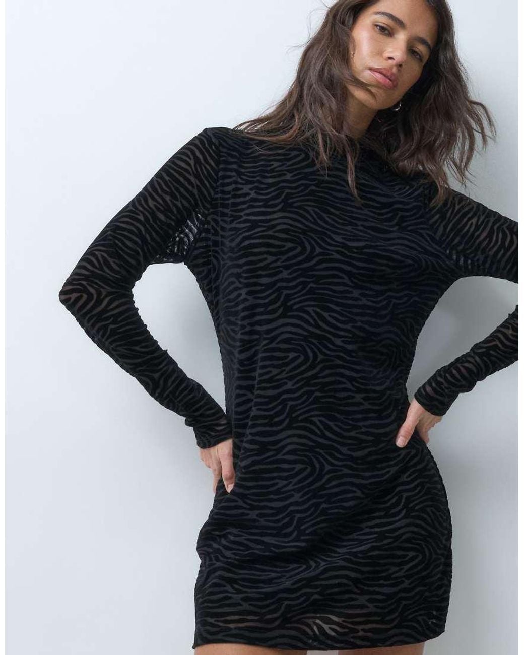 GOOD AMERICAN Black Mesh Turtleneck Long Sleeve Dress