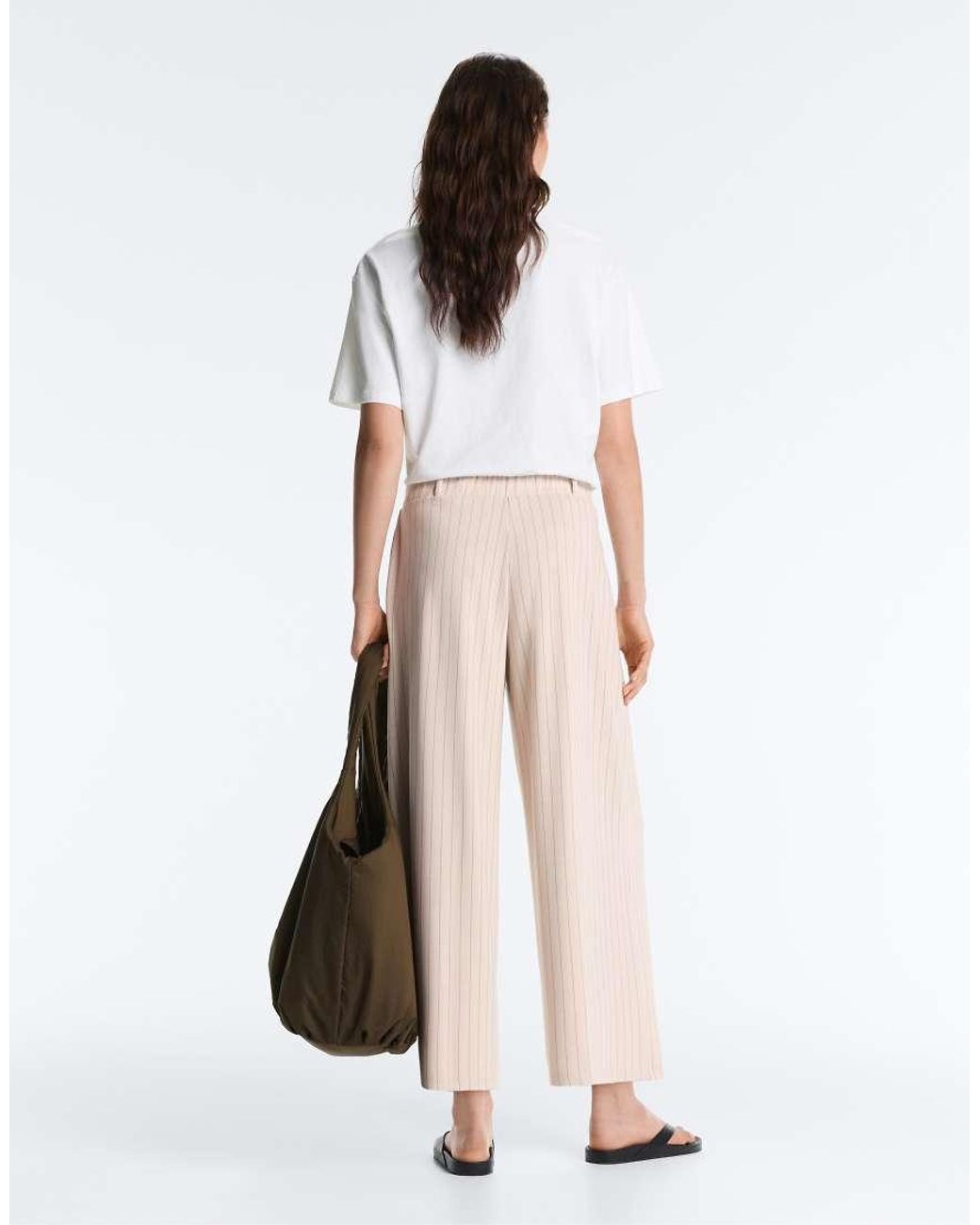Oysho White Wide-Leg Crop Trousers With Pleats And Stripes