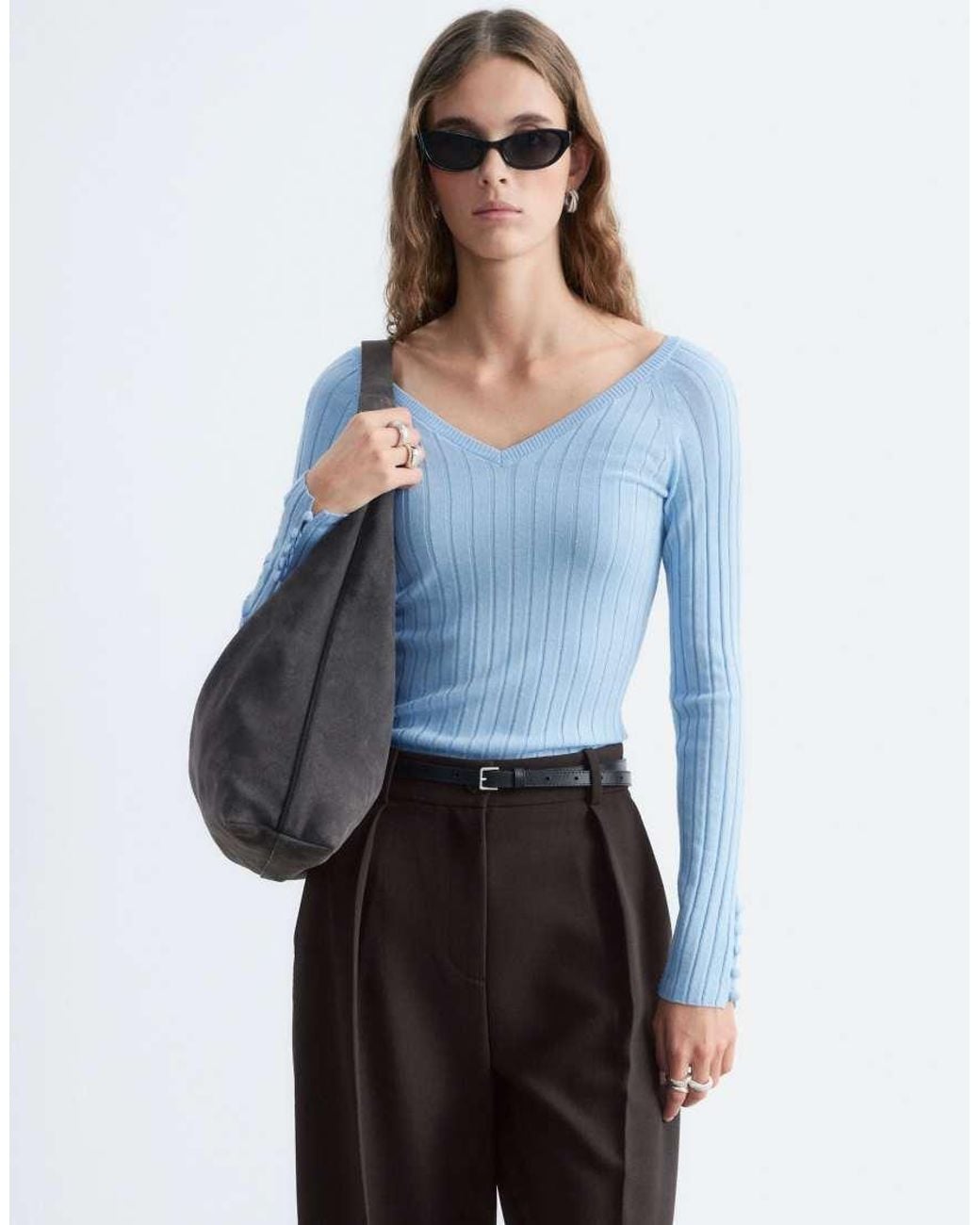 & Other Stories Blue 100% Wool V Neck Long Sleeve Rib Top With Button Up Cuffs