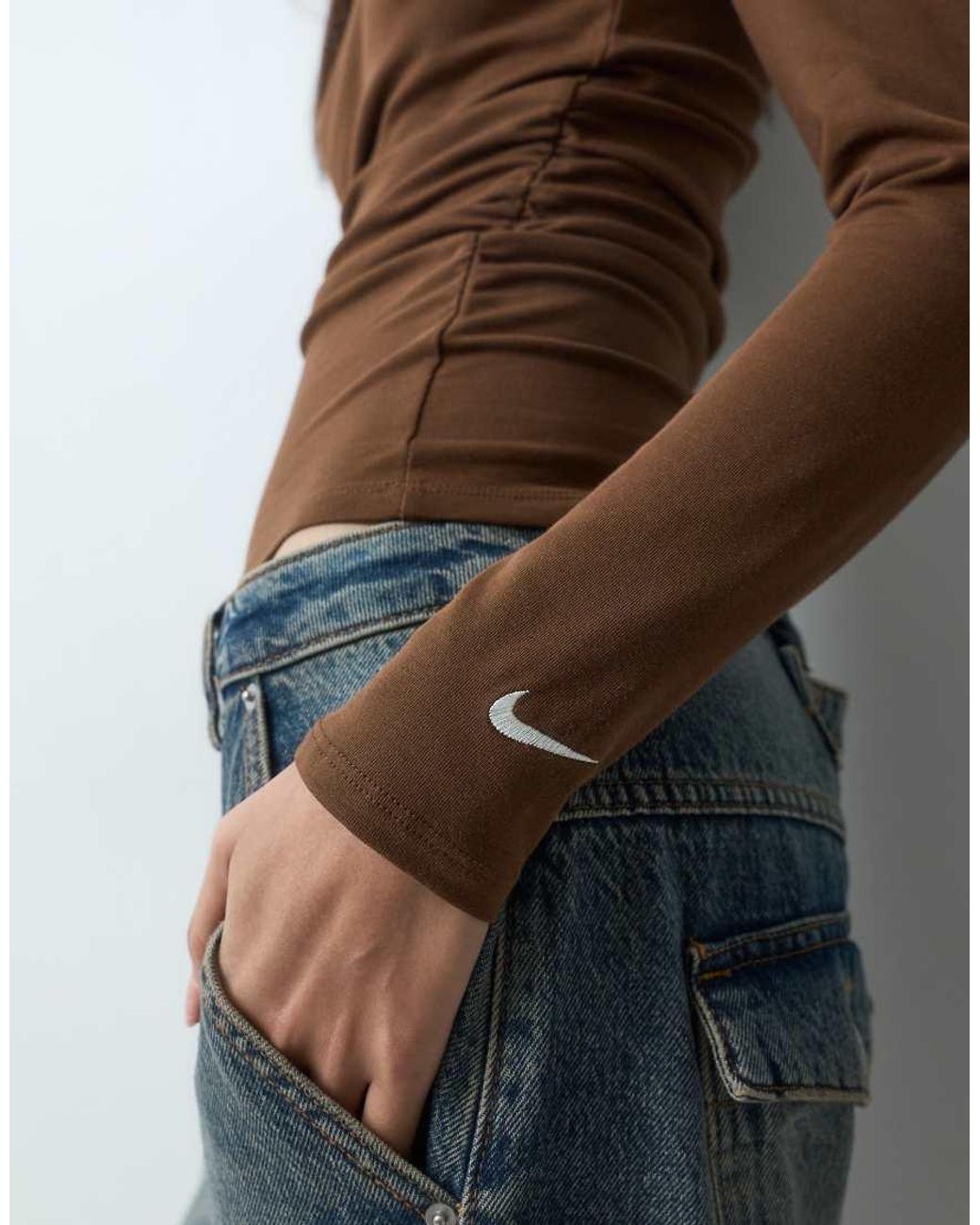 Nike Brown Long Sleeve Fitted Off The Shoulder Top