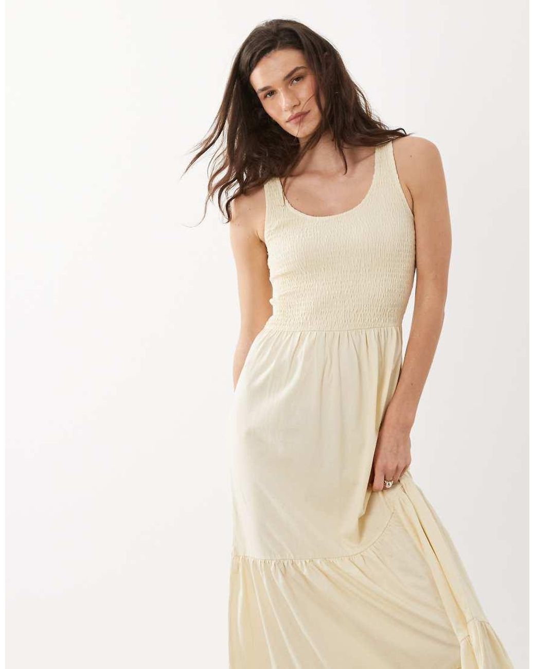 Brave Soul Natural Scoop Neck Shirred Bodice Maxi Dress With Tiered Skirt