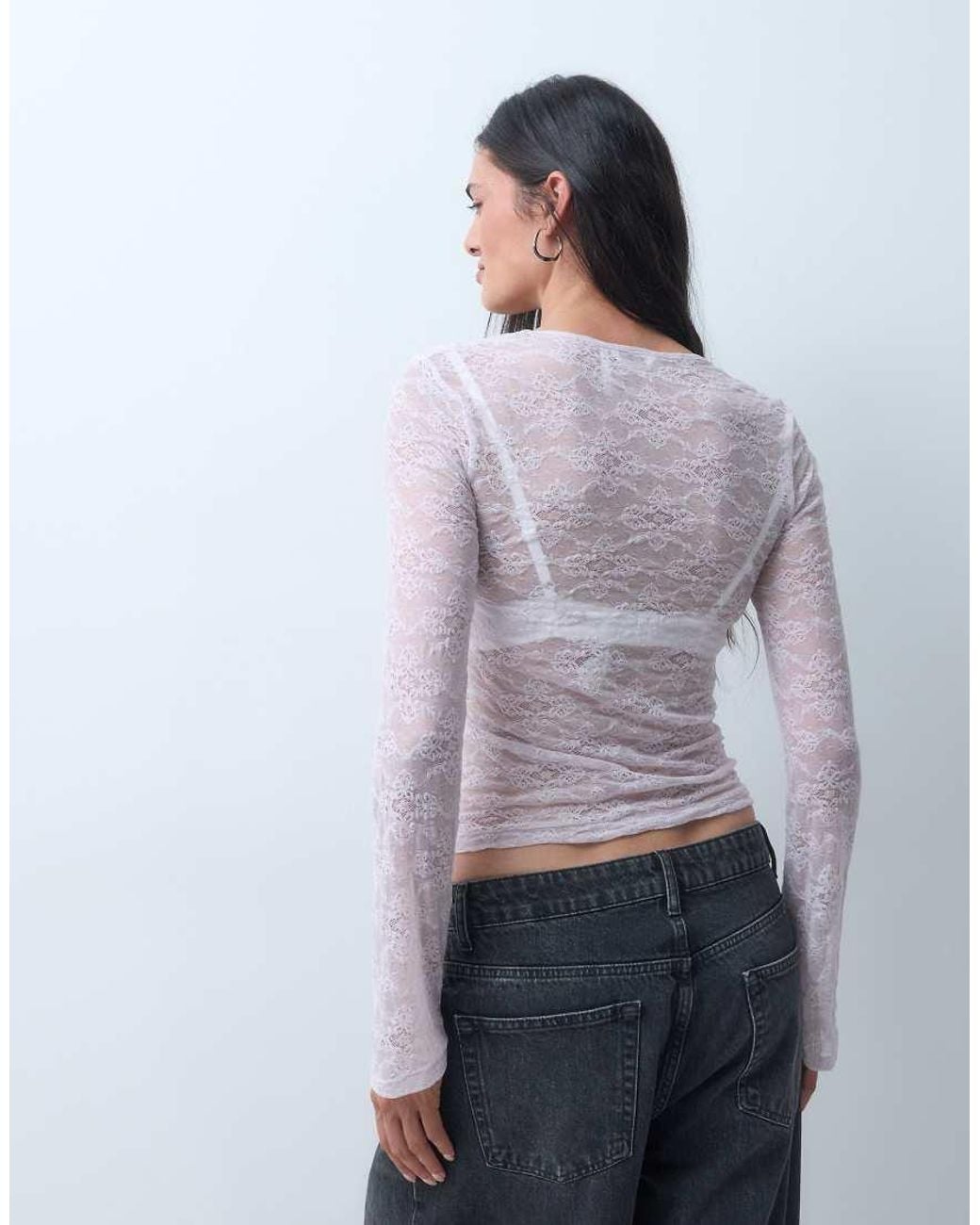 Monki Purple Lace Square Neck Long Sleeve Top