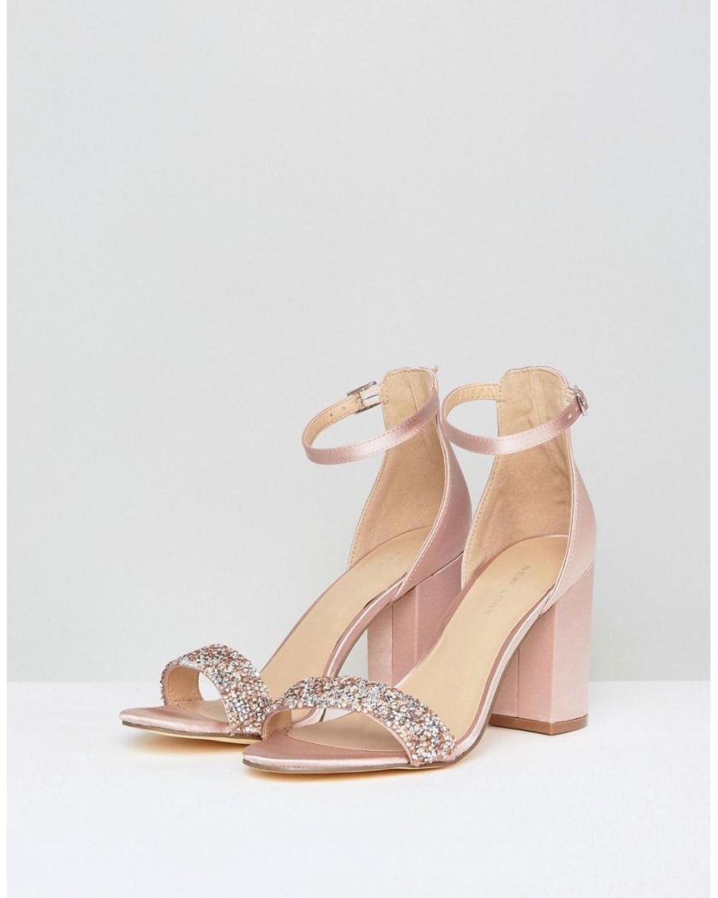 New Look Satin Block Heel Sandal With Crystal Embellishment in Pink | Lyst