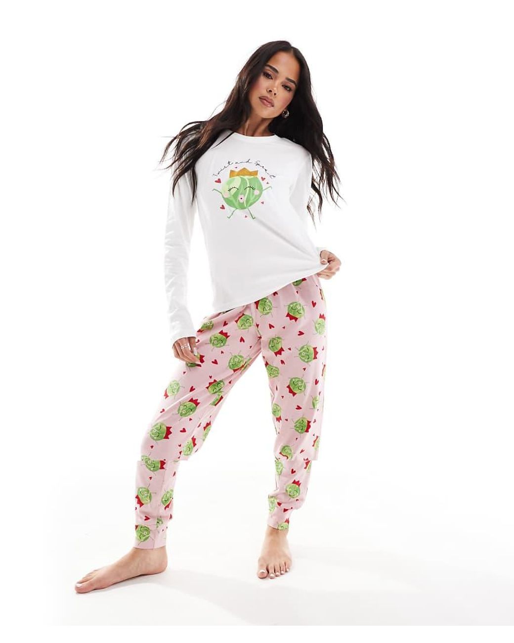 Threadbare Lange Pyjamaset Met Spruitjesprint in het White