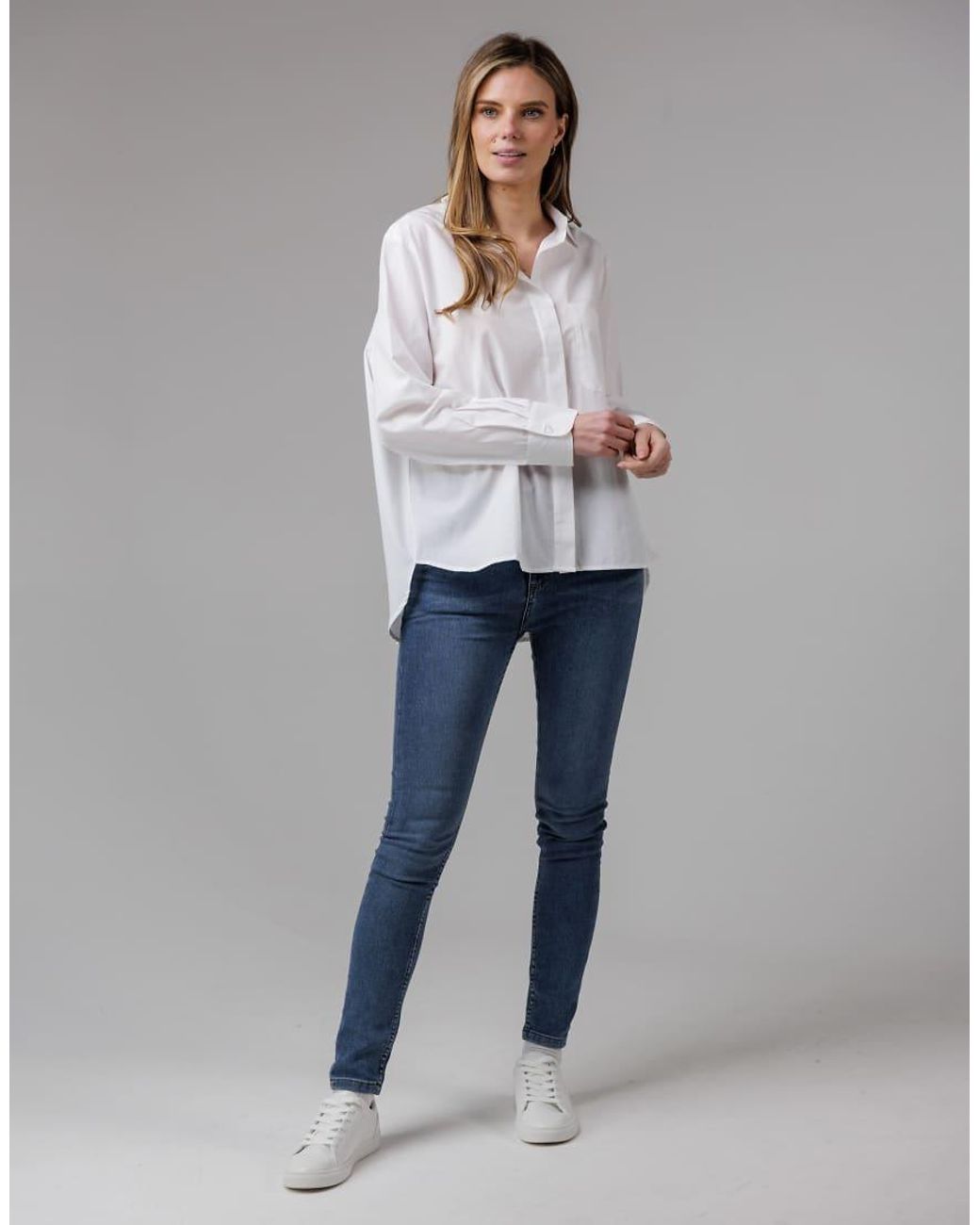 French Connection Gray Cotton Long Sleeve Chest Pocket Poplin Popover High-Low Hem Shirt