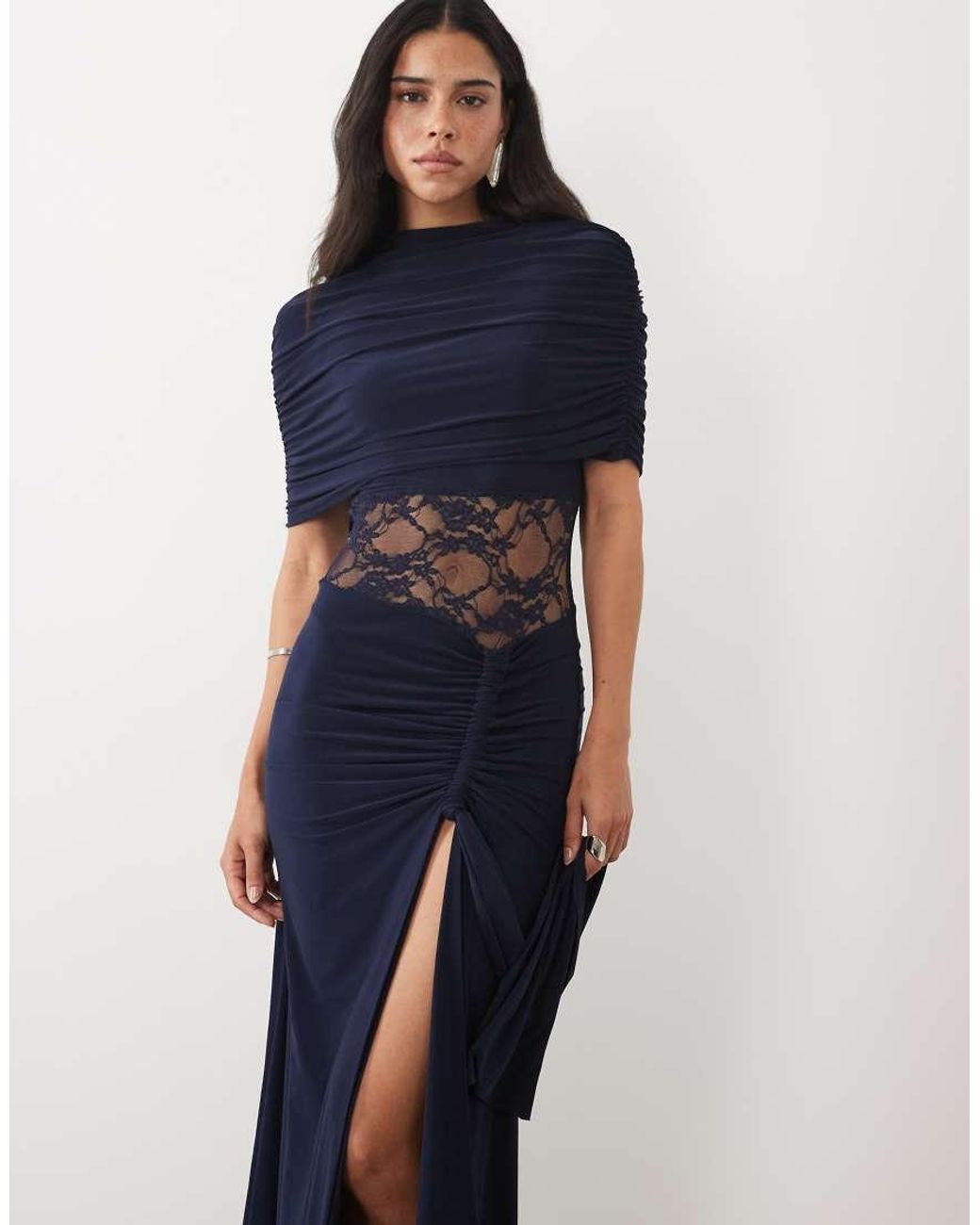 Kaiia Blue Exclusive Double Layered Slinky High Neck Cape Lace Insert Detail Thigh Split Maxi Dress