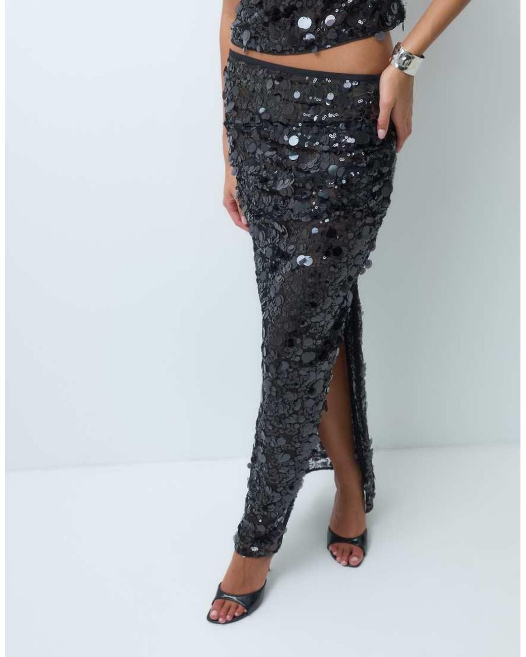 ASOS Blue Co-Ord Sequin Gathered Waist Maxi Skirt With Side Split