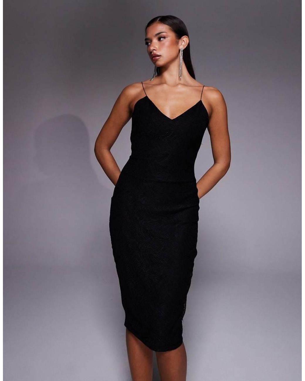 Vesper Blue V-Neck Lace Cami Strap Midi Dress