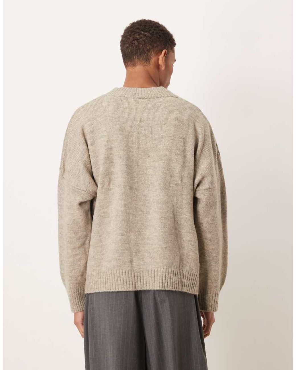 ASOS Natural Super Oversized Boxy Fit Knitted V-neck Jumper for men