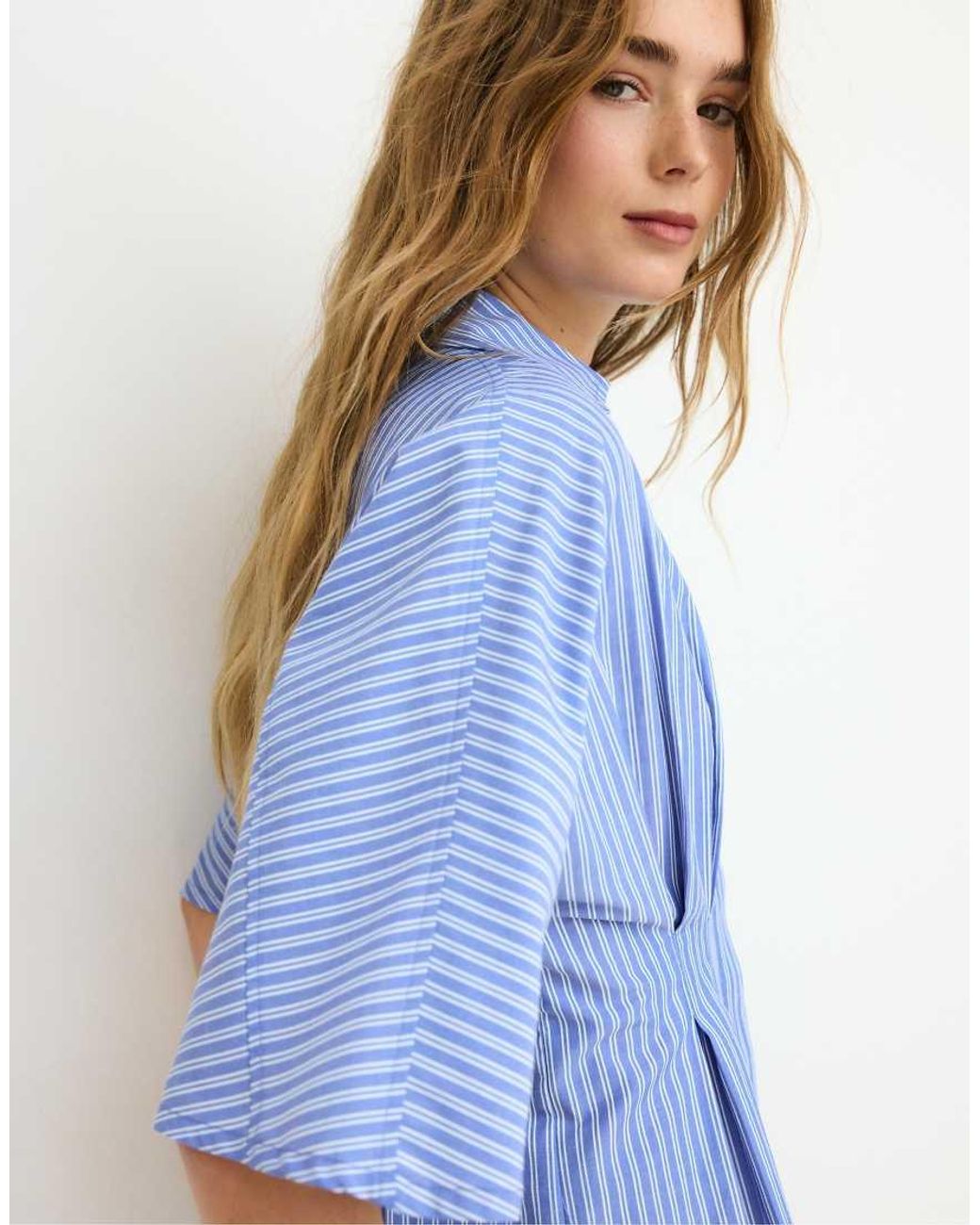 Stradivarius Blue Poplin Shirt With Kimono Sleeves & Waist Pleats