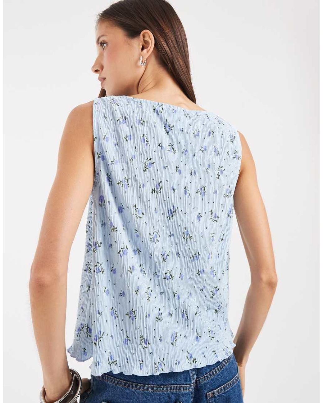 Pieces Blue Sleeveless Slash Neck Plisse Top