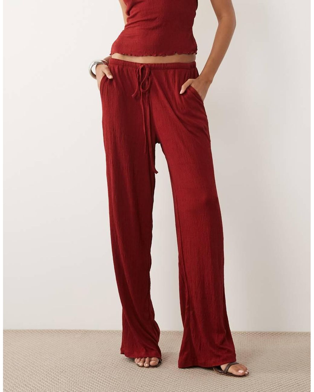 ASOS Red Crinkle Wide Leg Drawstring Pants