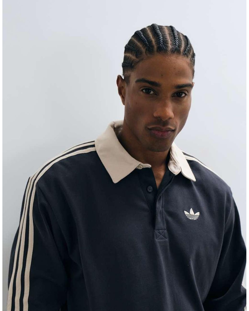 Adidas Originals Blue Three Stripe Long Sleeved Polo for men