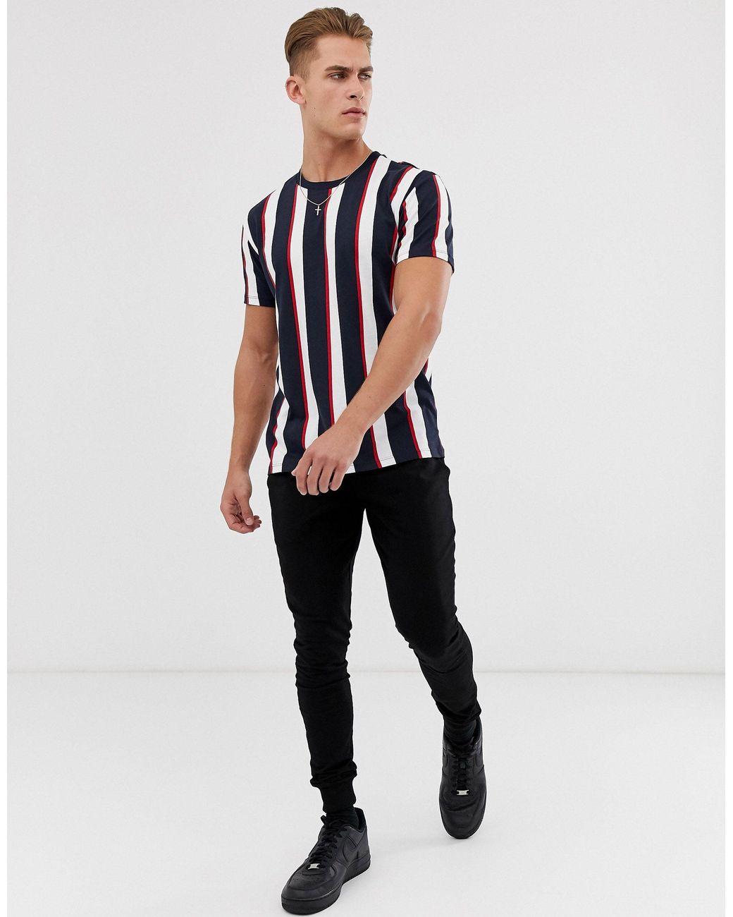 Bershka Denim Vertical Striped T-shirt 