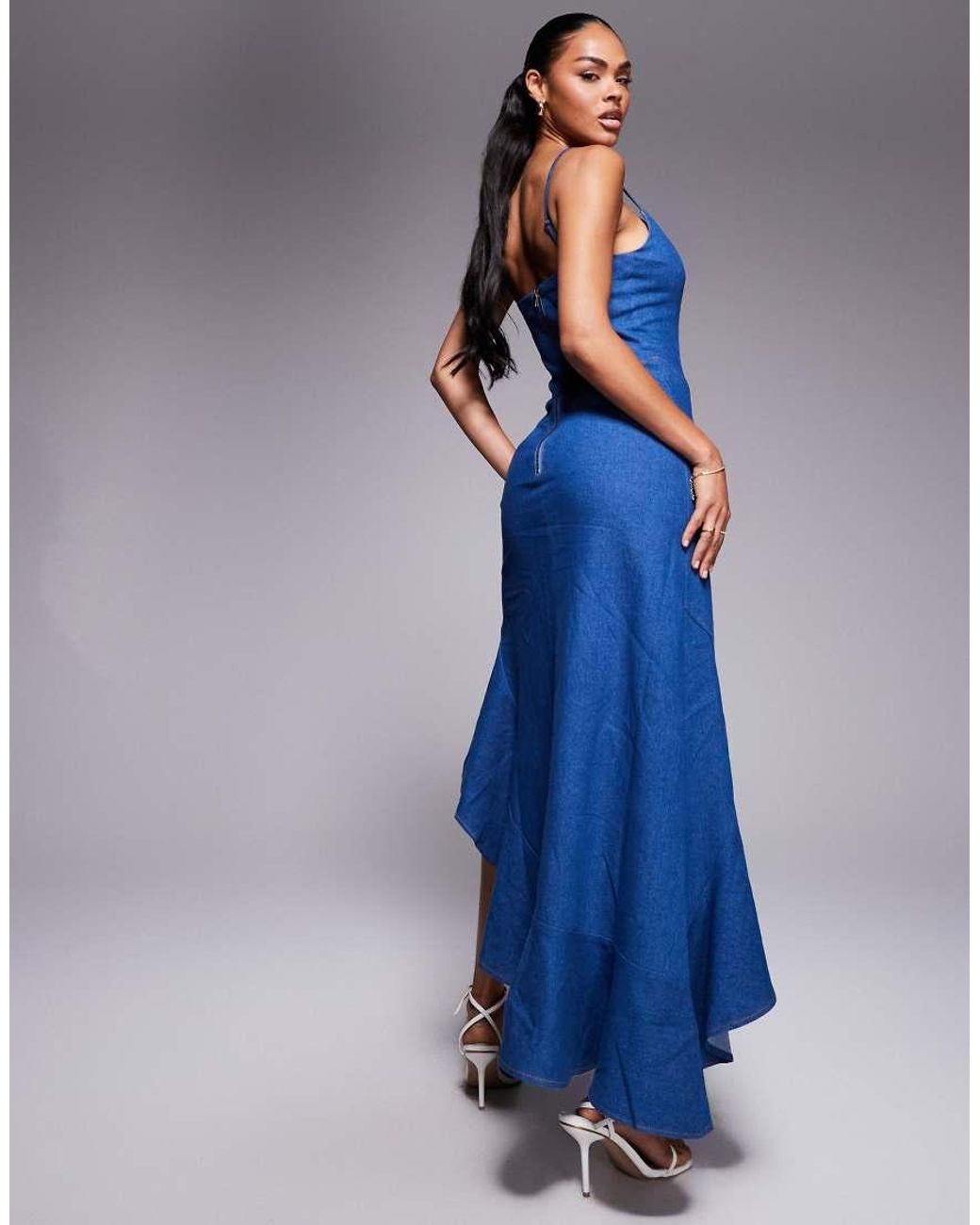 Goddiva Blue Denim Asymmetric Frill Maxi Dress