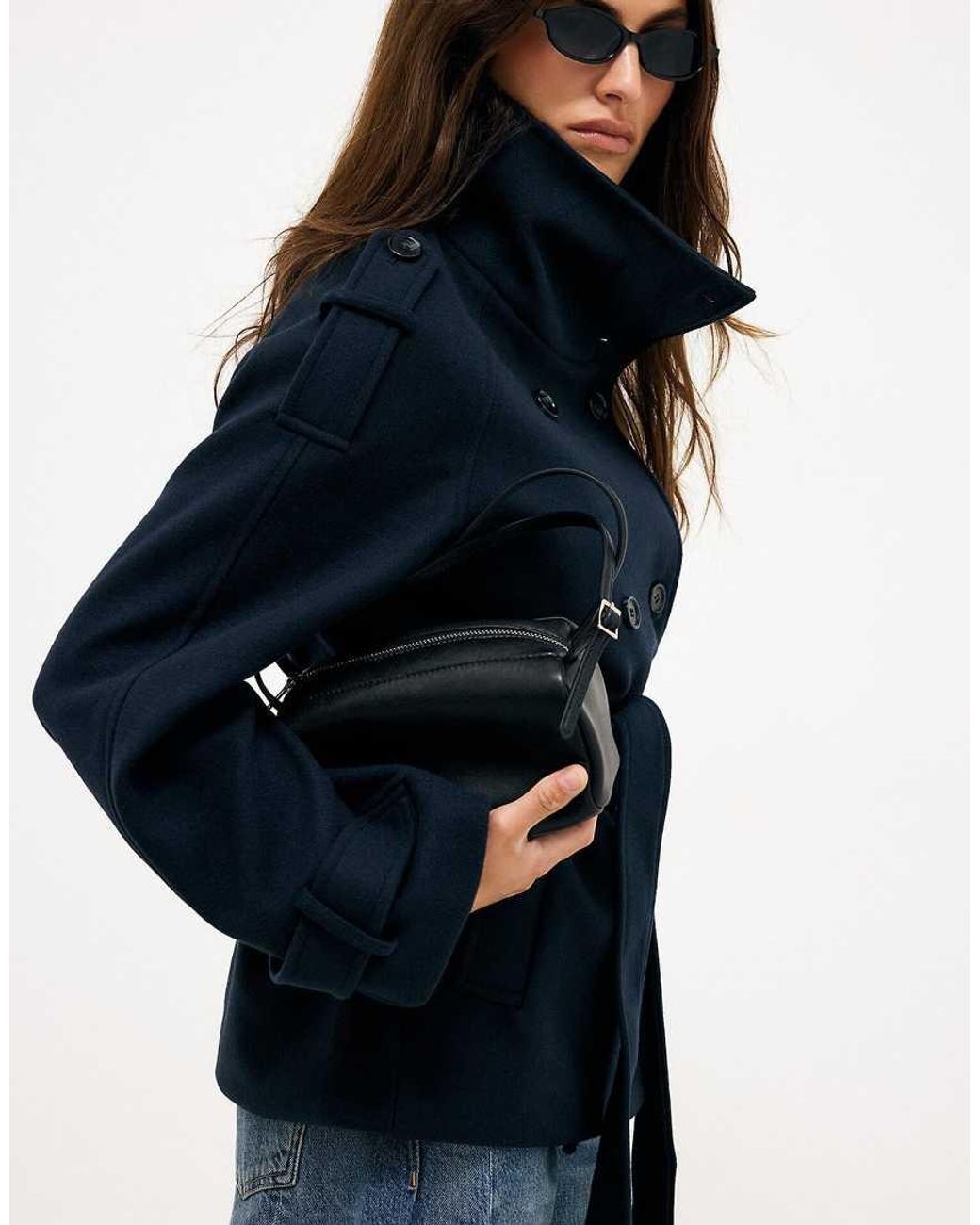 NA-KD Blue High Neck Belted Short Coat