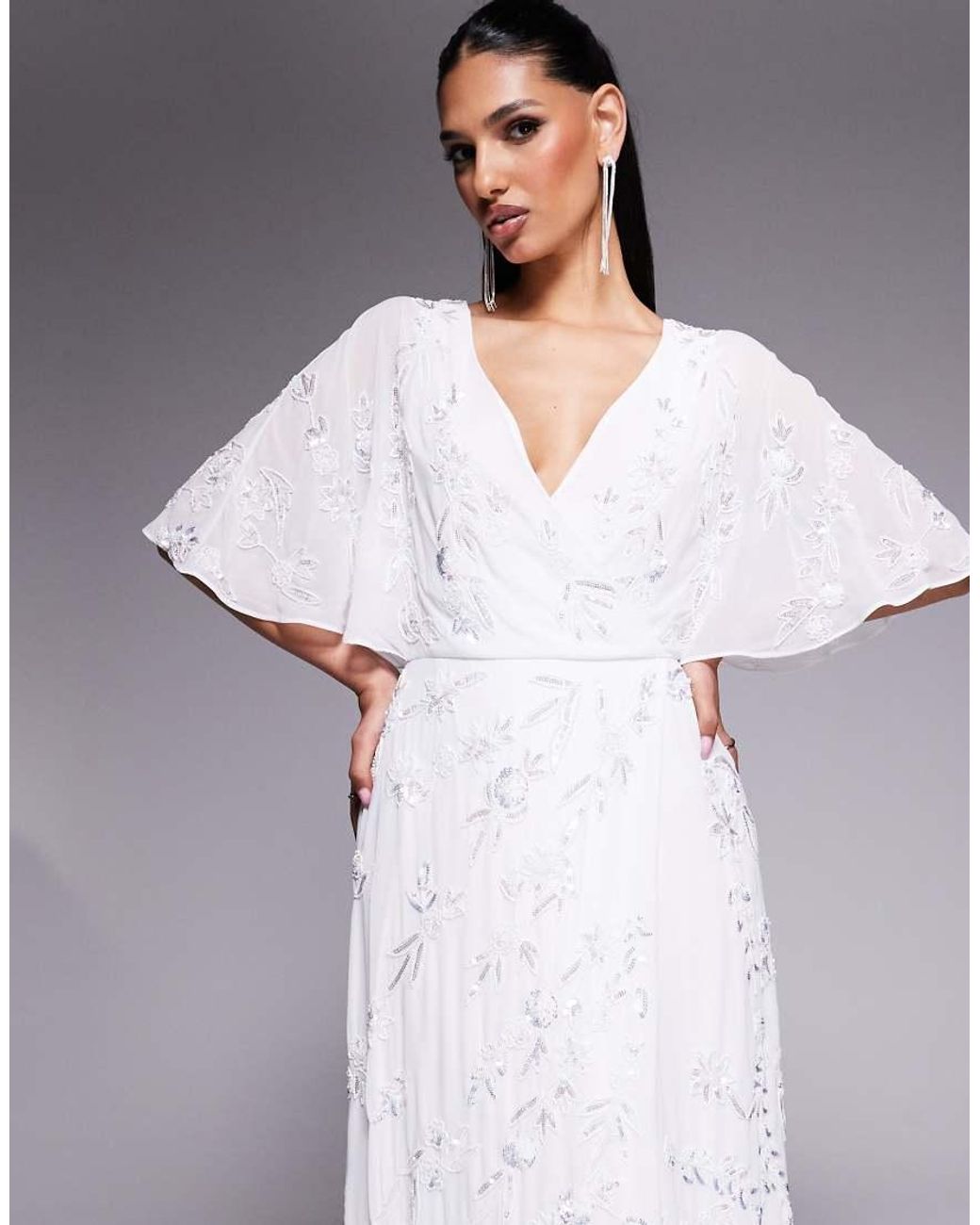 Maya Gray Bridal Floral Embellished Cape Sleeve Faux Wrap Maxi Dress