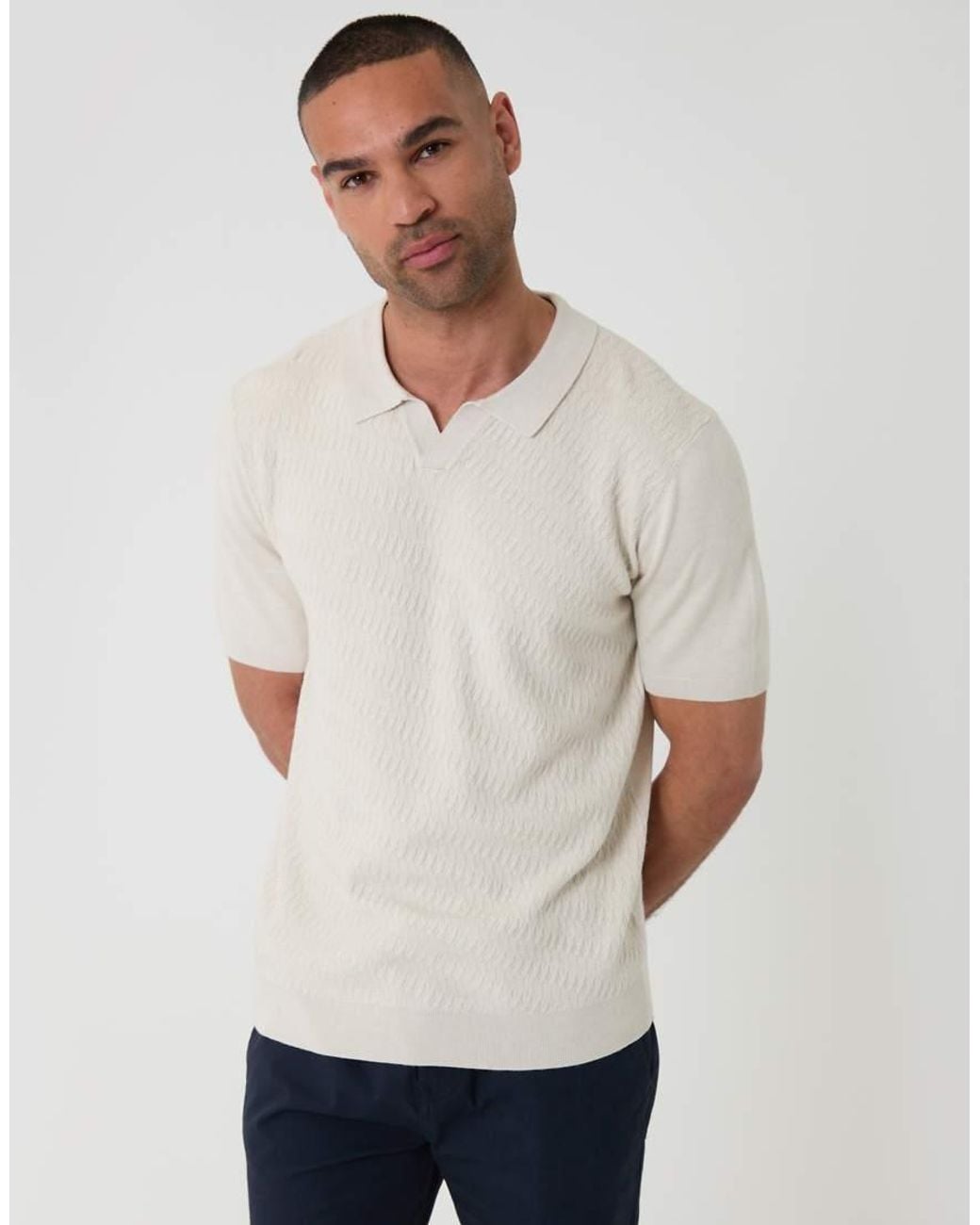 Threadbare White Textured Knit Trophy Neck Polo for men