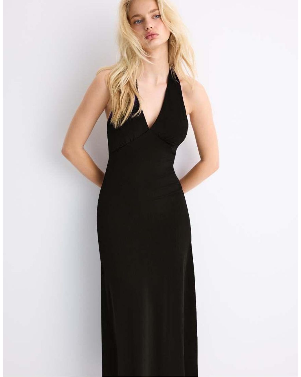 Stradivarius Black Midi Dress With Knot