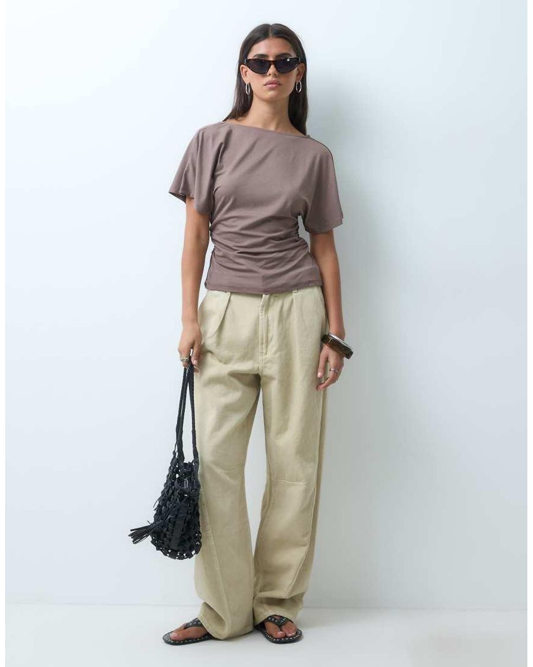 ASOS Brown Cinch Waist Angle Sleeve Tee With V Back Detail