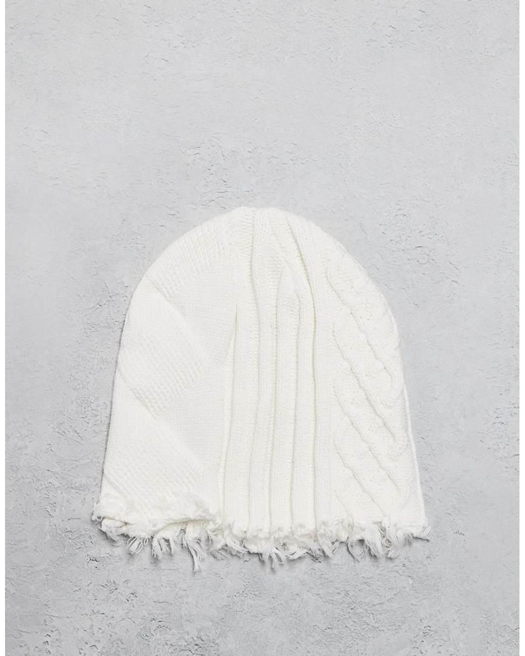 Collusion White Unisex Cable Knit Raw Hem Beanie