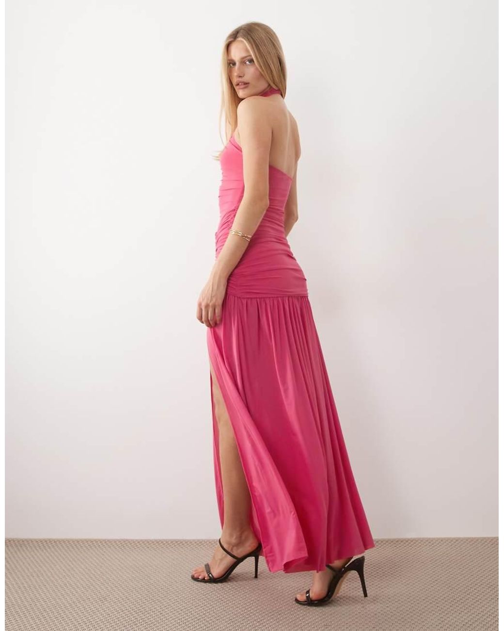 Ruched & Ready Pink Sculpting Ruched Body Draped Hem Open Slit Maxi Dress