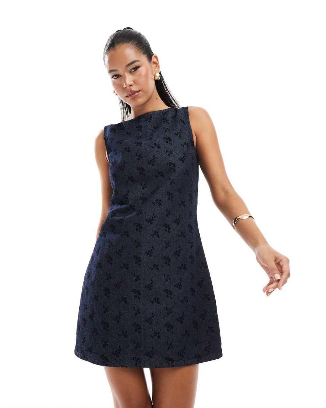 ASOS Blue Denim Shift Dress With Ditsy Floral Flock